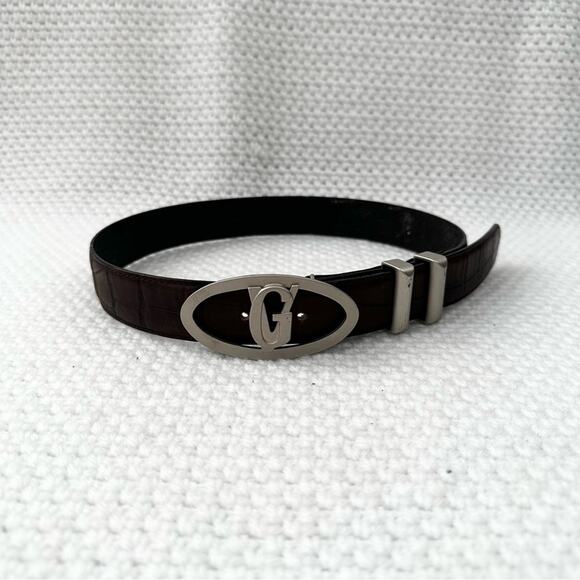 Gianni Versace Kids Vintage Brown Leather Logo Oval Silver Buckle GV Belt 65/26